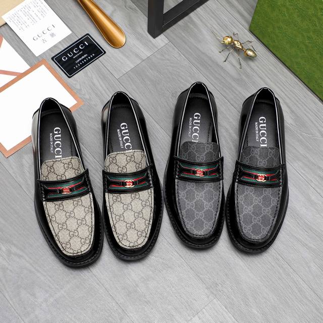 商品商标：Gucci 古驰 休闲套脚皮鞋 正码码数 38-45 商品材料：精选牛皮拼接印花鞋面 牛皮内里 原版大底