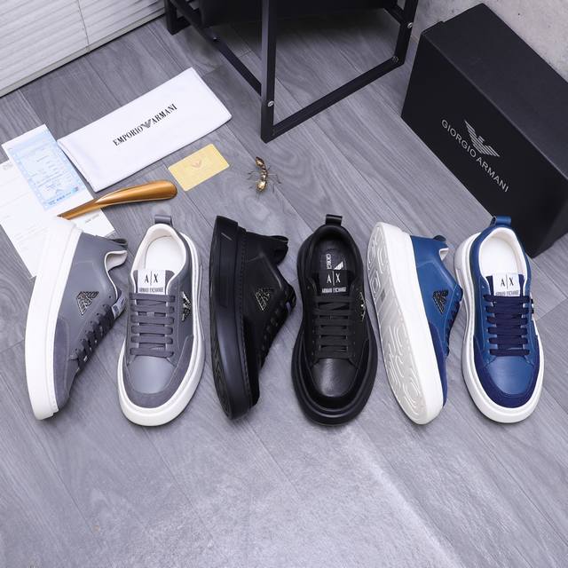 商品商标：Armani 阿玛尼 休闲鞋 正码码数: 38-44 商品材料：精选牛皮拼接鞋面 牛皮内里 橡胶大底