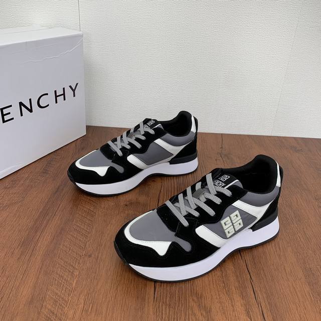 编码： Givenchy 纪梵希 秋款男士拼接运动鞋出货 小牛皮拼接反绒牛皮搭配莱卡软布面料鞋面 进口机车针织车线 做工材质看图细节 手机实物拍摄 撞色组合拼接