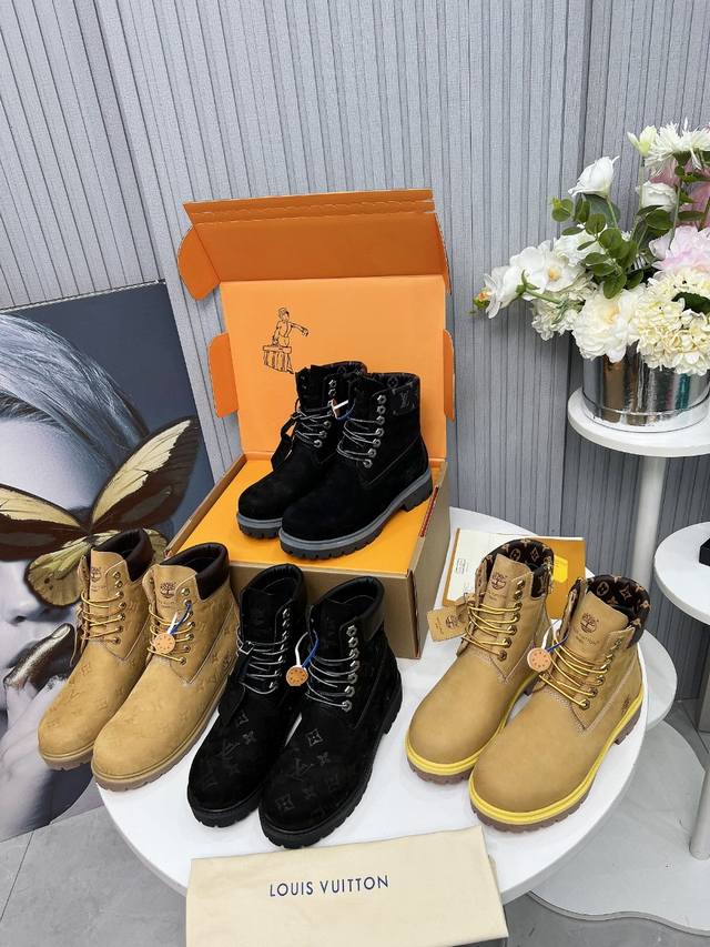 顶级版本：情侣款 Lv X Timberland 添柏岚 联名款 老花 大黄靴 及踝靴 短靴 Lv X Timberland 及踝靴取材 Monogram 压纹