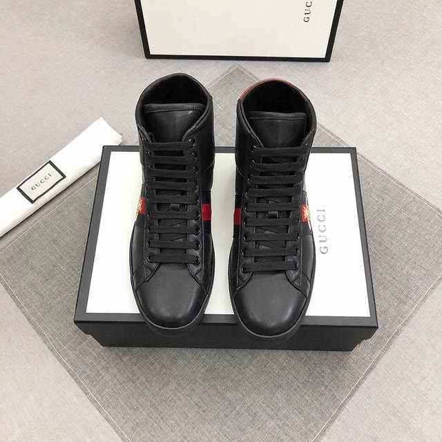 Gucci Size：38-45 古奇18Fw New Ace 字母logo 魔术贴高帮鞋，意大利进口原版织带，进口印花pvc原版材质，头层牛皮里 ，原版橡胶大