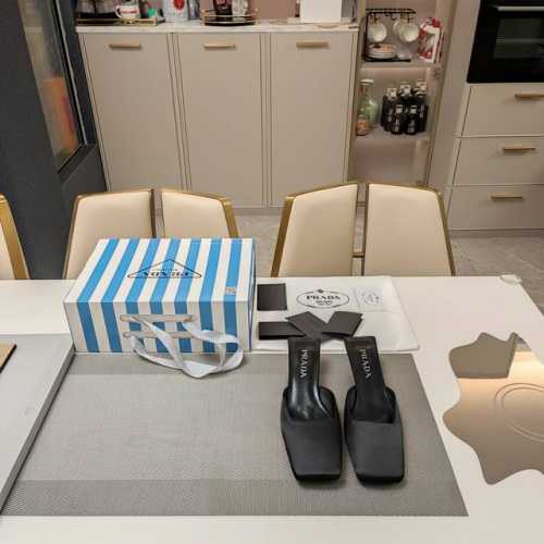 T台秀场穆勒鞋 新方头拖侧三角矮跟 顶级包装配套最高版本 PRADA 普拉达新品， 顶级版本 实力来袭！prada24“T台秀款”,主推热卖款式，真丝材质穆勒系