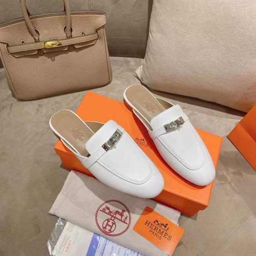 出厂P橡胶底 ，真皮底 Hermes 爱马仕 新款Kelly扣凉拖穆勒鞋女士平底包头懒人鞋包头半拖鞋 面料：小牛皮 内里：羊皮里 3D花布 码数：35-41 4