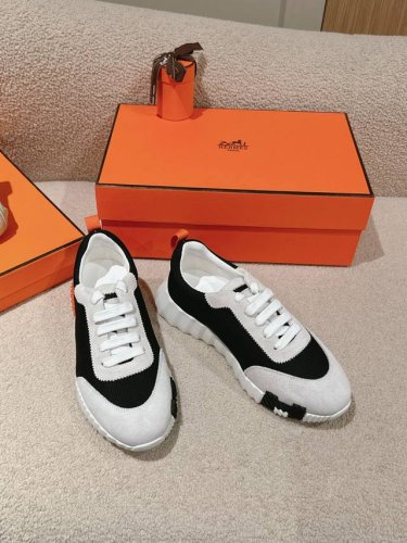 工厂价 爱马仕 Hermes 2024春夏经典情侣款 Bouncing 休闲系带百搭运动鞋 H家厚底时尚风格拼色跑鞋 材质：鞋面进口小牛皮拼接进口羊猄皮+水染羊