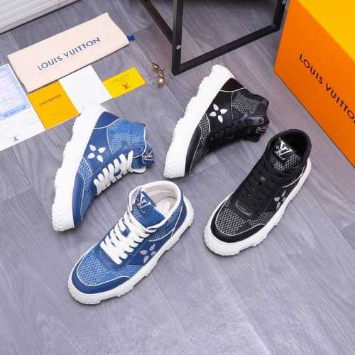 商品商标：LOUIS VUITTON 路易威登 高帮休闲鞋 正码码数: 38-44 商品材料：精选 牛皮拼接织布鞋面 牛皮内里 橡胶大底