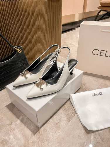 橙子出厂价 Celine 赛琳新款 凯旋门尖头后空猫跟凉鞋 轻熟女通勤鞋 材质：漆皮 跟高：5Cm 码数：34-41