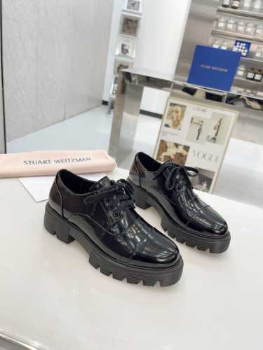 新款sw 乐福鞋女松糕厚底 系带英伦圆头百搭浅口 亮面粗跟 跟高4Cm 面皮 开边珠 内里垫脚 羊皮 码 34-41 34 40 41订做 P