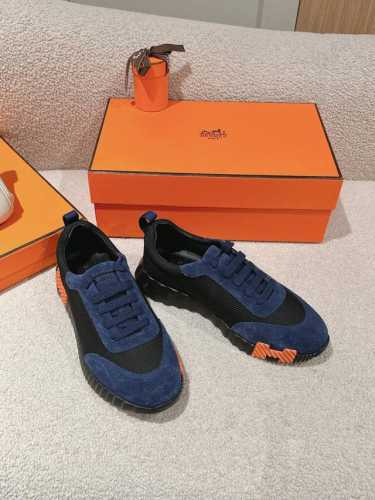 工厂价 爱马仕 Hermes 2024春夏经典情侣款 Bouncing 休闲系带百搭运动鞋 H家厚底时尚风格拼色跑鞋 材质：鞋面进口小牛皮拼接进口羊猄皮+水染羊