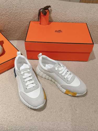 工厂价 爱马仕 Hermes 2024春夏经典情侣款 Bouncing 休闲系带百搭运动鞋 H家厚底时尚风格拼色跑鞋 材质：鞋面进口小牛皮拼接进口羊猄皮+水染羊