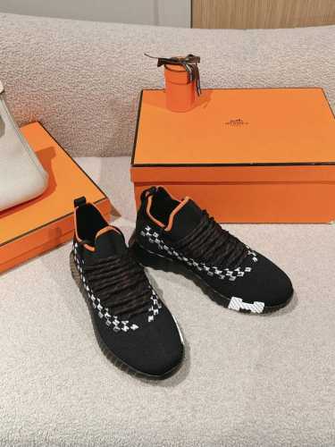 工厂价 爱马仕 Hermes 2024春夏经典情侣款 Flex 休闲系带运动鞋 H家编织bolduc细节厚底拼色一脚蹬毛线袜子跑鞋 材质：进口环保梭织羊毛面料