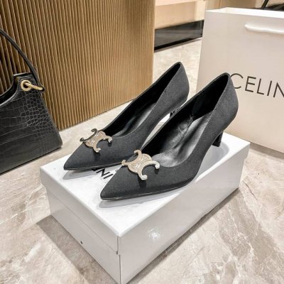 橙子出厂价 Celine 赛琳新款 凯旋门尖头猫跟单鞋 轻熟女通勤鞋 材质：布面 跟高：5Cm 码数：34-41