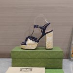 出厂 独家顶级版本 Gucci古*驰2024春夏最新爆款凉鞋系列 圆头拼色水台高跟凉鞋 原单品质 原汁原味的欧式风格，上脚非常完美穿搭上配此鞋，优雅大方，晶莹剔