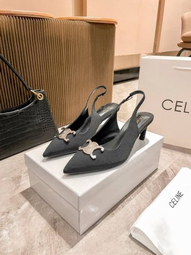 橙子出厂价 Celine 赛琳新款 凯旋门尖头后空猫跟凉鞋 轻熟女通勤鞋 材质：布面 跟高：5Cm 码数：34-41
