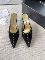 25Ss早春新品Chanel Vintage中古 尖头蝴蝶结后空高跟拖鞋 鞋面特级鹿皮，内里垫脚舒适羊皮里 跟高：6.5Cm 鞋底：真皮大底 码数：35-41（