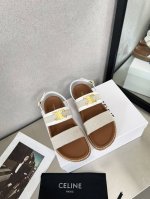 Celine 2025新款凉鞋，凯旋门金属logo皮带扣织物凉鞋生胶防滑底，防水台凉鞋35-41，出厂