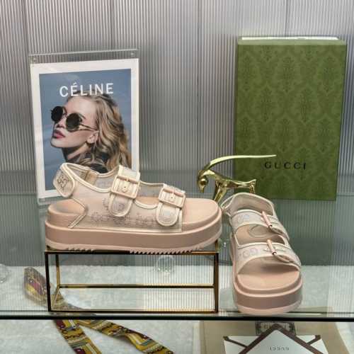 Gucci古奇后带魔术贴平底凉鞋 沙滩鞋 早春系列gg经典沙滩凉鞋织物双层面烫钻双g 面料：原版定制网面 内里：进口羊皮 鞋跟 Cm厚底 大底：模具进口橡胶底