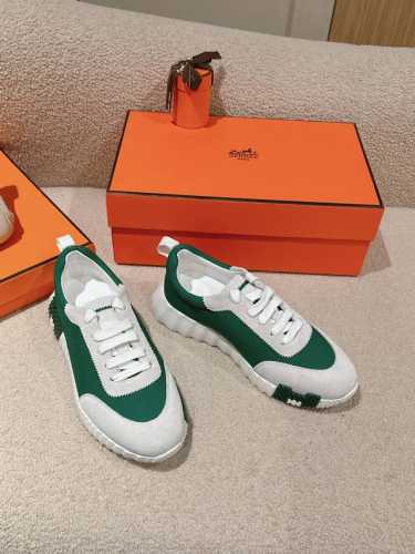 工厂价 爱马仕 Hermes 2024春夏经典情侣款 Bouncing 休闲系带百搭运动鞋 H家厚底时尚风格拼色跑鞋 材质：鞋面进口小牛皮拼接进口羊猄皮+水染羊