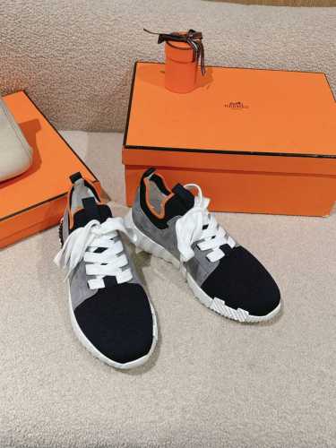 工厂价 爱马仕 Hermes 2024春夏经典情侣款 Flex 休闲系带运动鞋 H家编织bolduc细节厚底拼色一脚蹬毛线袜子跑鞋 材质：进口环保梭织羊毛面料
