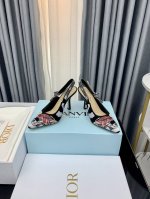 出厂价 J'ADIOR 迪奥 DIOR&MOI 春夏最新高定Slingback标志性系列 纯棉刺绣图案露跟平底女鞋 明星同款字母logo织带方头粗高跟蝴蝶结女凉