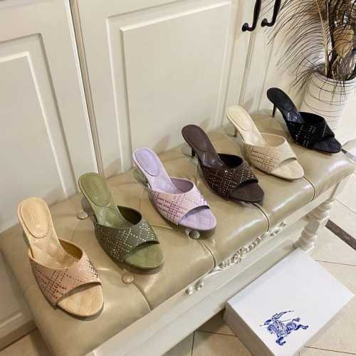 出厂价 ，巴宝莉BURBERRY新款高跟拖鞋，加厚细绒烫钻面，跟高7cm，蓝马术骑士徽标压花皮底，35-40码 41，42，43码定做不退换