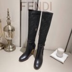 新款 ： 芬 迪 Delfina 皮革高跟长靴 出厂价： 真皮大底 圆头皮革delfina长靴，靴管采用ff提花布料。鞋跟饰有镂刻细节和金色金属ff图案，系带开