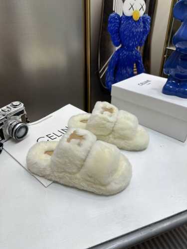 橙子出厂价 Celine 赛琳 秋冬新款 真兔毛厚底毛毛拖鞋 休闲毛绒拖 码数：35-40
