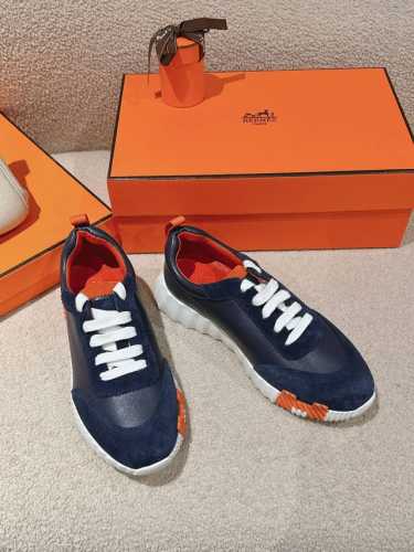 工厂价 爱马仕 Hermes 2024春夏经典情侣款 Bouncing 休闲系带百搭运动鞋 H家厚底时尚风格拼色跑鞋 材质：鞋面进口小牛皮拼接进口羊猄皮+水染羊