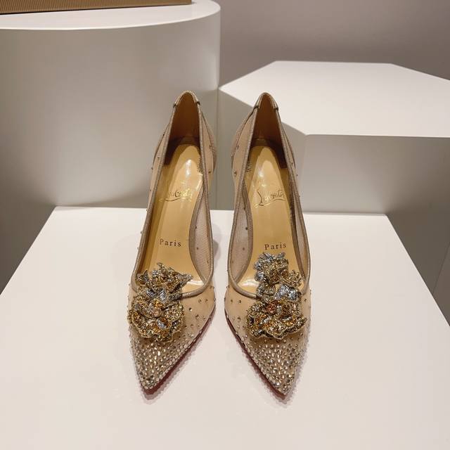 顶级版 原版盒P430 christian Louboutin | 2023S原版做货重工Cl经典水晶高跟单鞋～ 鞋面：采用高密度网纱面料搭配进口超闪18个切口