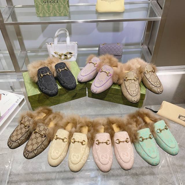 【 1803-2大紫G380,35-40码.41订做】 毛拖系列：面料杏色进口双G布原版1:1 内里垫脚顶级原版托斯卡纳毛，原版古铜金马衔扣，意大利原版真皮大底