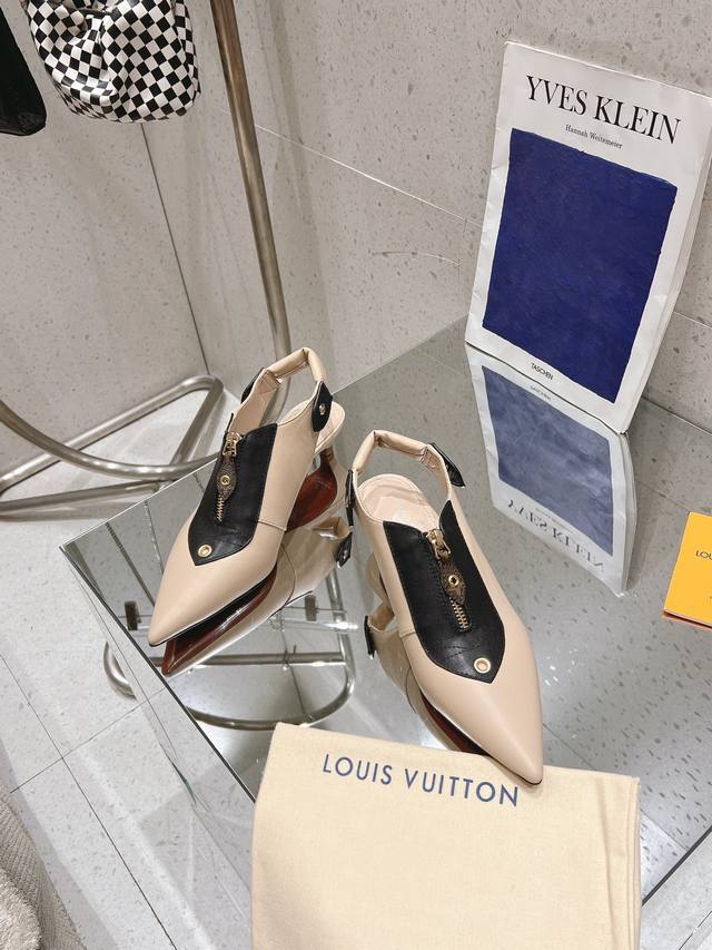 p480 louis Vuitto L驴家 2024年新款 复古拼色尖头拉链高跟鞋 后空高跟凉鞋 跟高:4Cm 正码:35-39订做34.40.41.42
