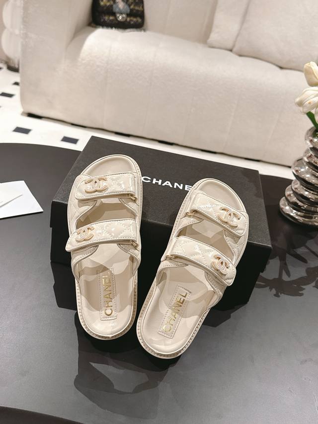 -【*】 - 【皮面:P400/ 布面:P360】 - 【35-42】41 42定做不退换 chan*L 小香C家2025P新款沙滩鞋魔术贴凉鞋蝴蝶结拖鞋 2