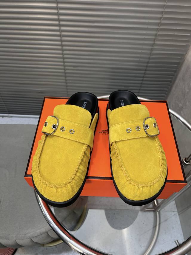 出厂价P350 hermes 情侣款 男女同款新款皮带扣包头鞋半拖 羊京皮面 羊皮内里垫脚 原版大底 底厚4Cm 码数35-45