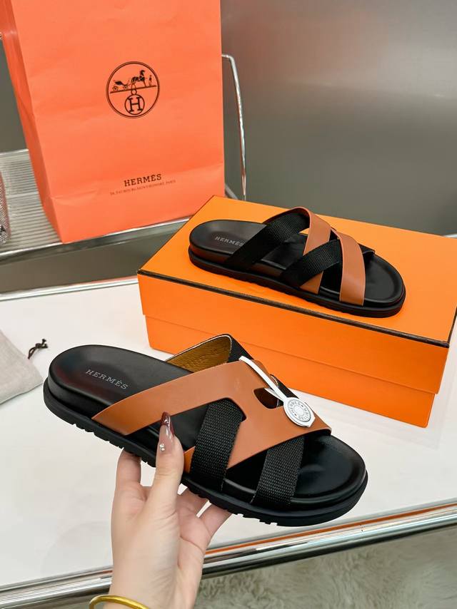 爱马仕 Hermes 男鞋Kazimir 新款经典H型时尚交叉绑带防滑休闲外穿沙滩男士凉鞋 35-46 码橡胶 真皮