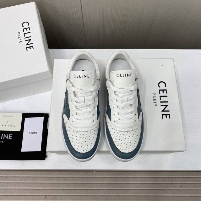 出厂价P 男码10 Celine赛琳 Block Triomphe牛皮革情侣运动鞋 后帮和侧面压印Celine标志厚底面包鞋 2025春夏新款 凯旋门徽标系带