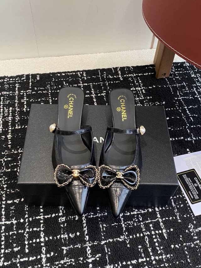 代购级 25Ss 早春新品Chanel Vintage中古 尖头蝴蝶结 高跟拖鞋 鞋面进口牛皮 内里垫脚舒适羊皮里 意大利真皮大底 Size：#34-42 34