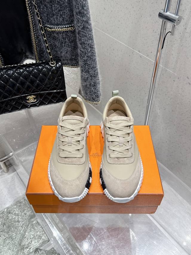 顶级版 男款 Hermes 爱马仕 Bouncing男女同款休闲运动鞋 情侣款麂皮拼网面休闲鞋 男码 39～45 45不退换