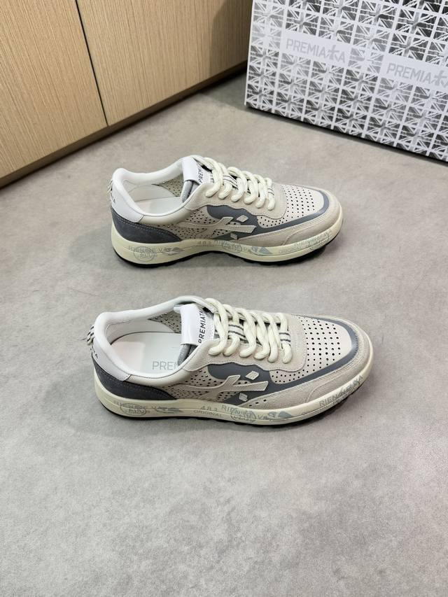 Premiata 普瑞米亚达 -高端品质 原单休闲运动鞋 -鞋面：纳帕小牛皮、反绒小牛皮.热切品牌图腾工艺、打孔反绒小牛皮、鞋身车缝品牌“米”图腾 -内里：品牌