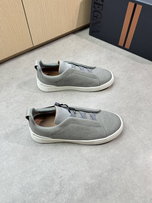 Zegna 杰尼亚 -高端品质 原单休闲运动板鞋 -原版纳帕小牛皮、品牌牛仔帆布、鞋舌反绒小牛皮..空压品牌Logo、懒人穿脱松紧带 -内里：水染牛皮 -大底：