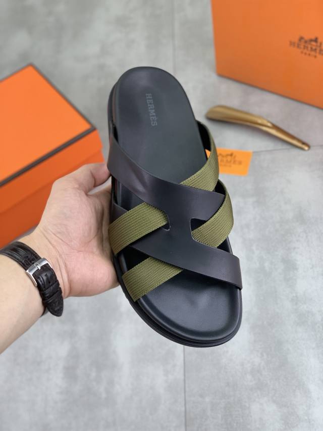 工厂P价P 实价 Hermes 高端品质 新款爱马仕真皮拖鞋，面料进口小牛皮，耐磨防滑橡胶大底。时尚大气 码数：39-44 45 46 订做