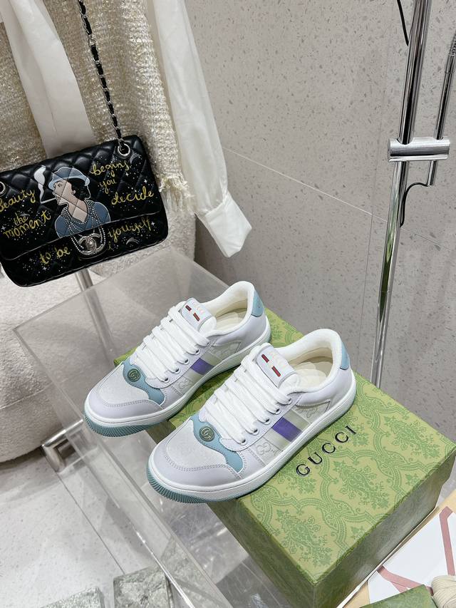 P直销 女鞋 女装 长期有货 Gucci古驰 全新 Screener系列 情侣款 胖墩墩 面包鞋 小脏鞋 胖丁 双G 休闲 运动鞋 原版购入 开发 原版购入 开