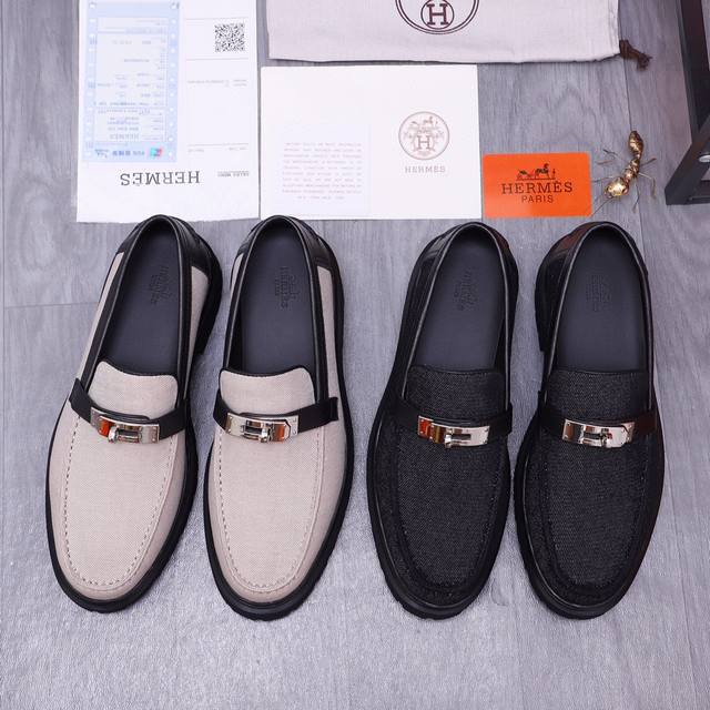 商品商标：Hermes 爱马仕 正装鞋 正码码数: 39-44 38.45.46订做不退换 商品材料：精选 优质牛仔透气鞋面 水染牛皮内里 原版大底