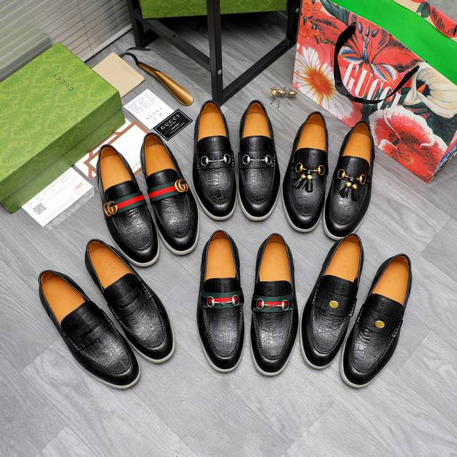商品商标：Gucci 古驰 商务休闲皮鞋 正码码数: 39-44 38.45.46要订做 不退换 商品材料：精选优质鳗鱼纹牛皮鞋面 水染牛皮内里 原版大底