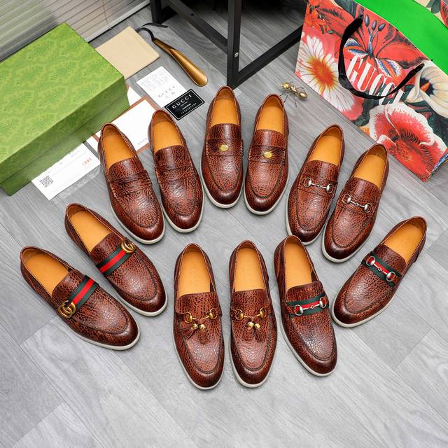 商品商标：Gucci 古驰 商务休闲皮鞋 正码码数: 39-44 38.45.46要订做 不退换 商品材料：精选大象纹牛皮鞋面 水染牛皮内里 原版大底