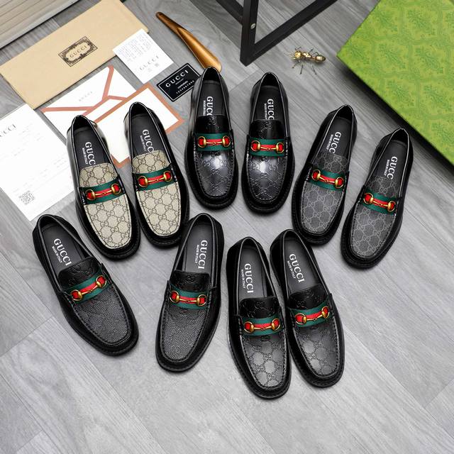 商品商标：Gucci 古驰 休闲套脚皮鞋 正码码数: 38-45 商品材料：精选牛皮拼接印花鞋面 牛皮内里 原版大底