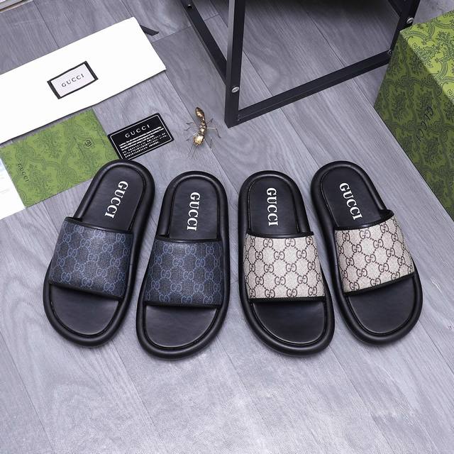 商品商标：Gucci 古驰 拖鞋 正码码数: 38-45 商品材料：精选牛皮印花鞋面 脚背皮里 原版大底