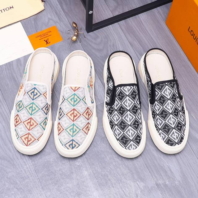 商品商标：Louis Vuitton 路易威登 ] 半拖 拖鞋 正码码数: 38-44 商品材料：精选织布 透气鞋面 猪皮内里 橡胶大底