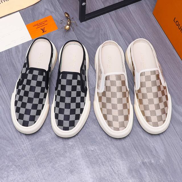 商品商标：Louis Vuitton 路易威登 ] 半拖 拖鞋 正码码数: 38-44 商品材料：精选 透气格纹鞋面 猪皮内里 橡胶大底