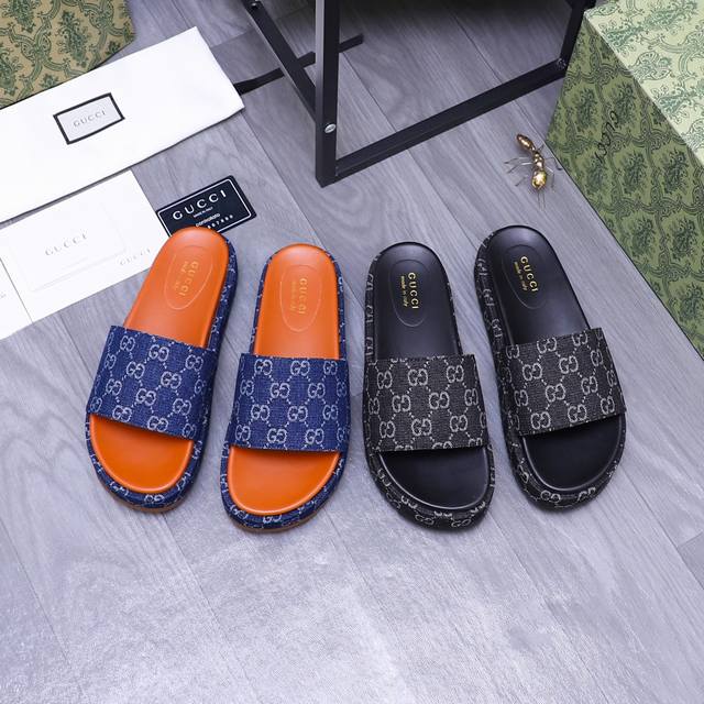 商品商标：Gucci 古驰 拖鞋 正码码数: 35－44 情侣款 商品材料：精选牛仔织花鞋面 羊皮内里 原版大底
