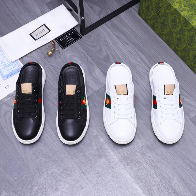 商品商标：Gucci 古驰 半拖 拖 鞋 正码码数: 38-44 商品材料：精选牛皮压纹鞋面 羊皮内里 橡胶大底