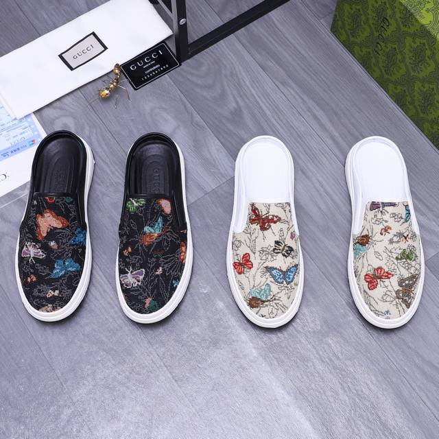 商品商标：Gucci 古驰 半拖 拖 鞋 正码码数: 38-44 商品材料：精选牛皮拼接透气织布鞋面 羊皮内里 橡胶大底
